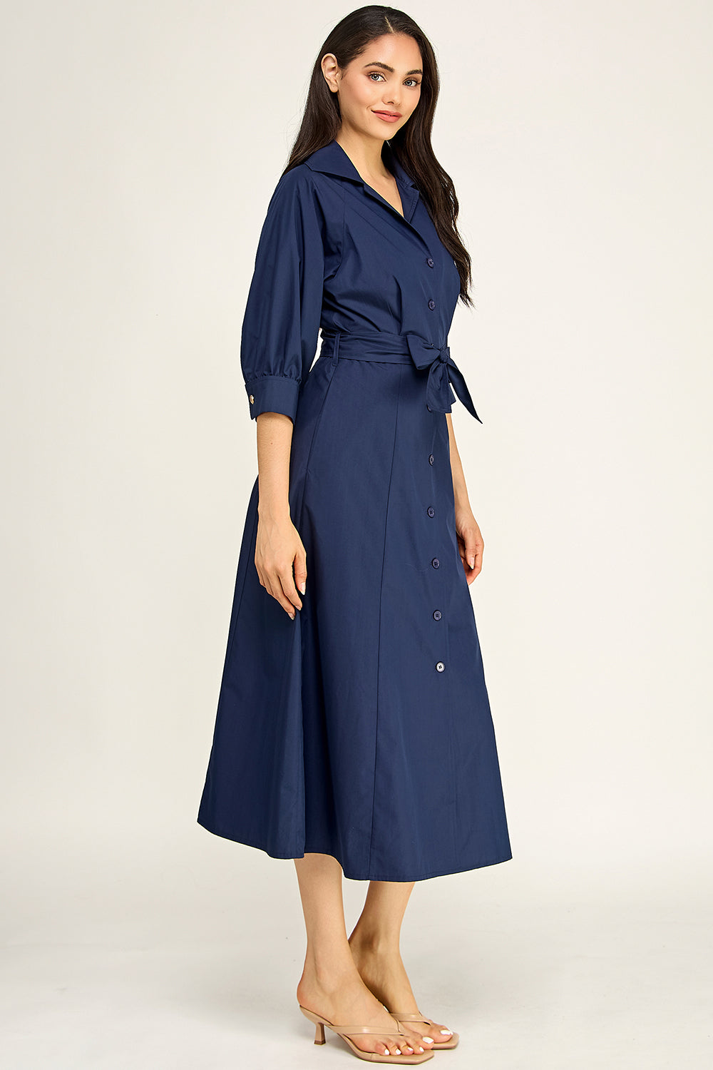 Navy Cotton Poplin Button Down Midi Dress | Collared Self-Tie Belt