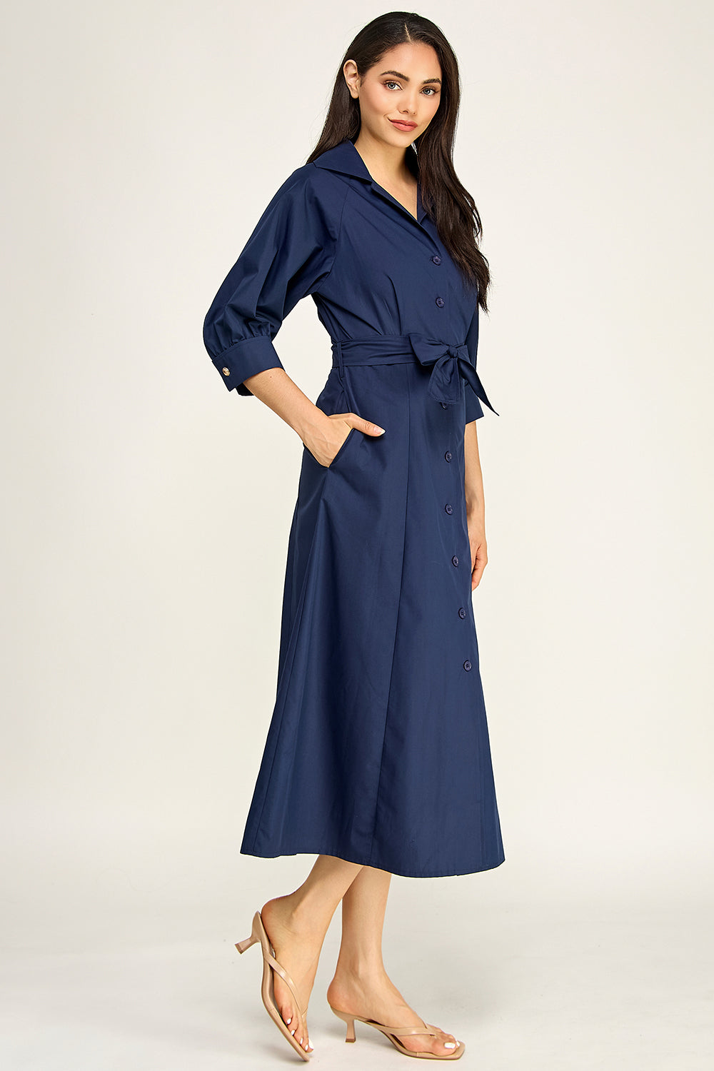 Navy Cotton Poplin Button Down Midi Dress | Collared Self-Tie Belt