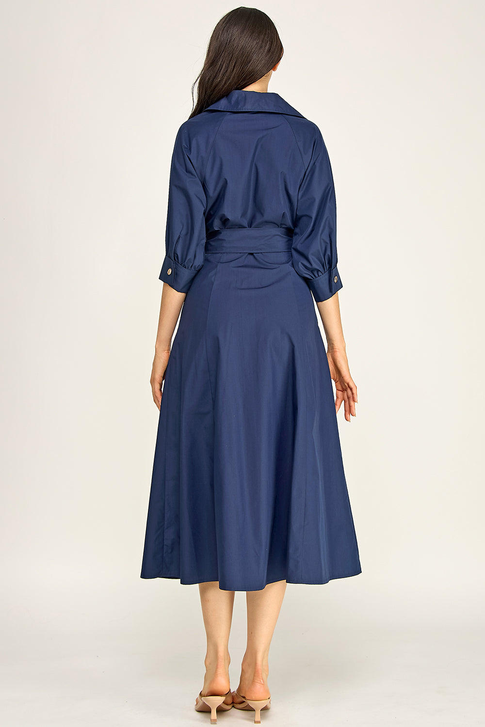 Navy Cotton Poplin Button Down Midi Dress | Collared Self-Tie Belt