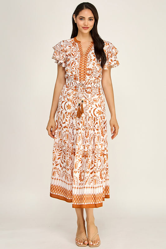 Flutter Sleeve Printed Midi Dress | V-Neck Elastic Waist Boho