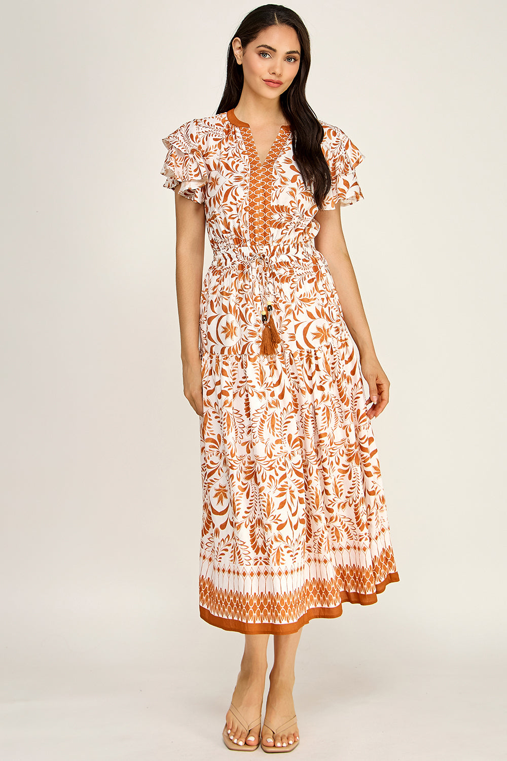 Flutter Sleeve Printed Midi Dress | V-Neck Elastic Waist Boho