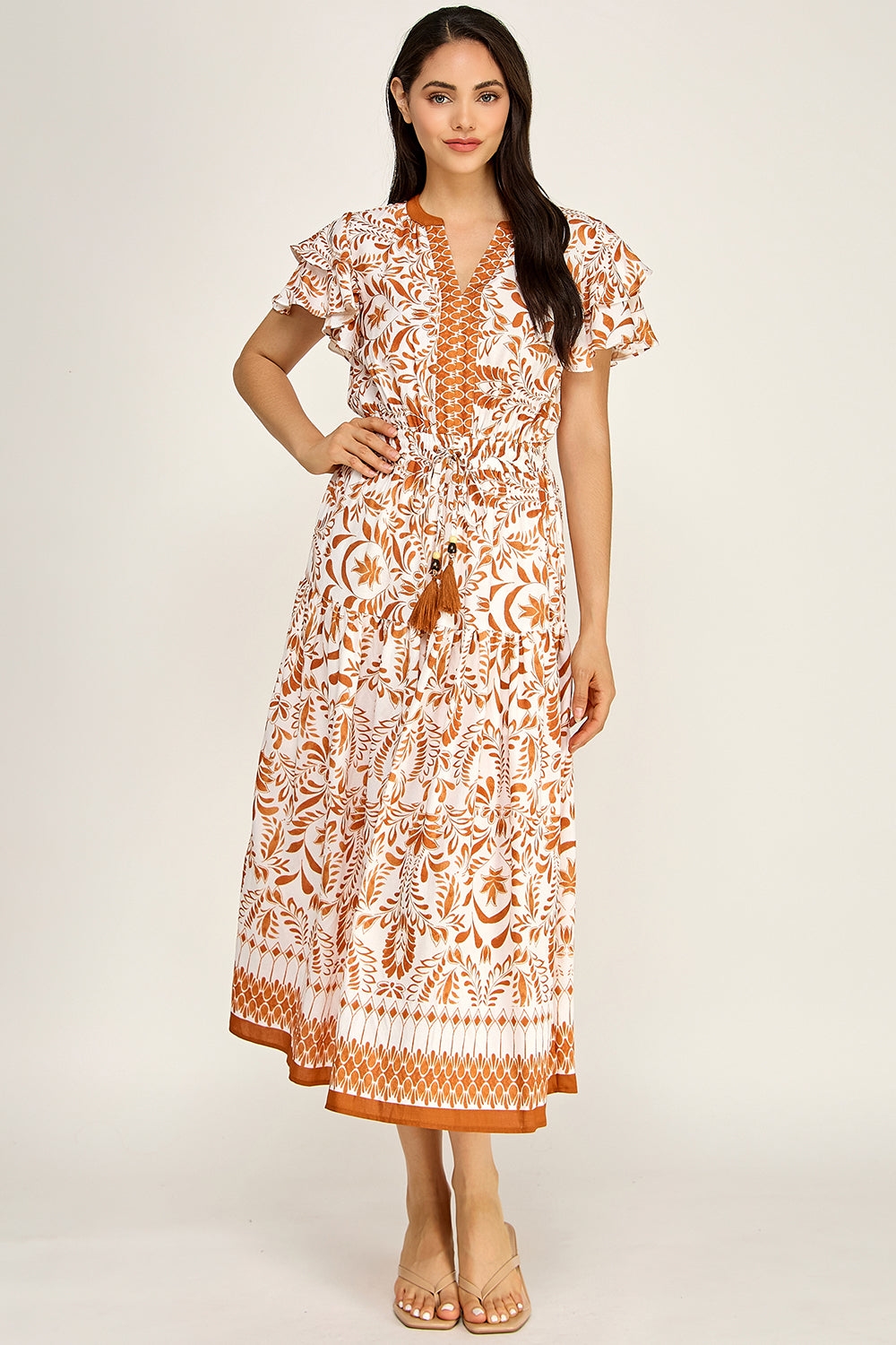 Flutter Sleeve Printed Midi Dress | V-Neck Elastic Waist Boho
