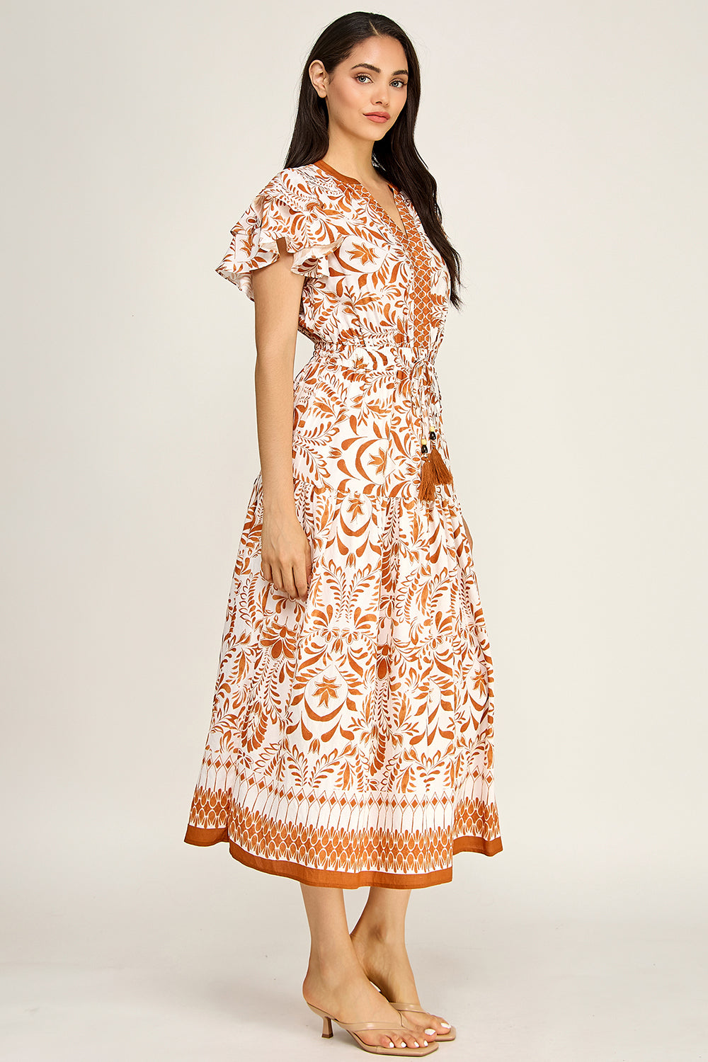 Flutter Sleeve Printed Midi Dress | V-Neck Elastic Waist Boho