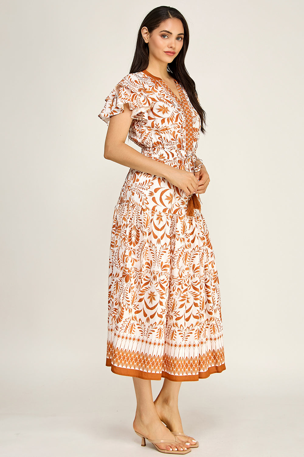 Flutter Sleeve Printed Midi Dress | V-Neck Elastic Waist Boho