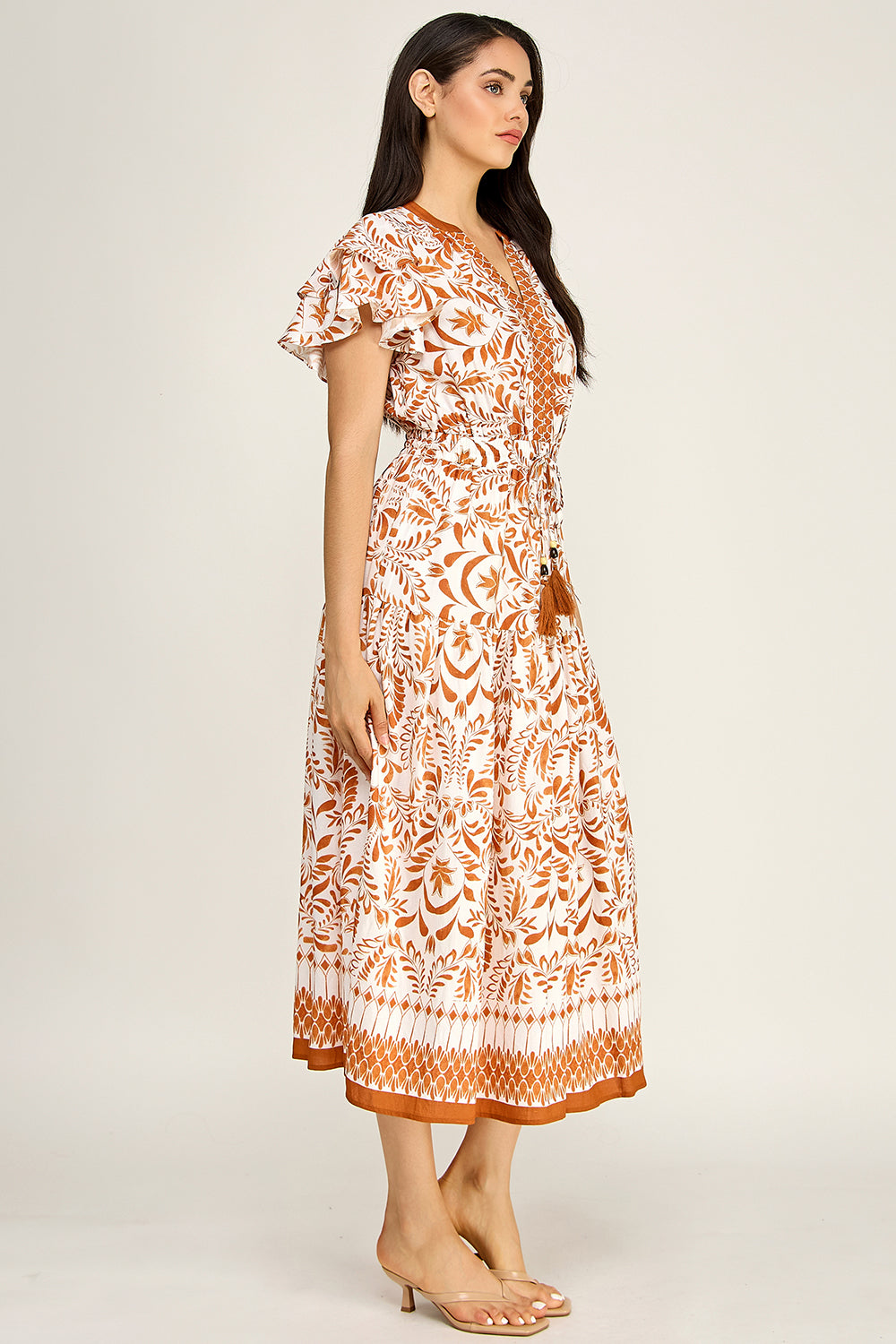 Flutter Sleeve Printed Midi Dress | V-Neck Elastic Waist Boho