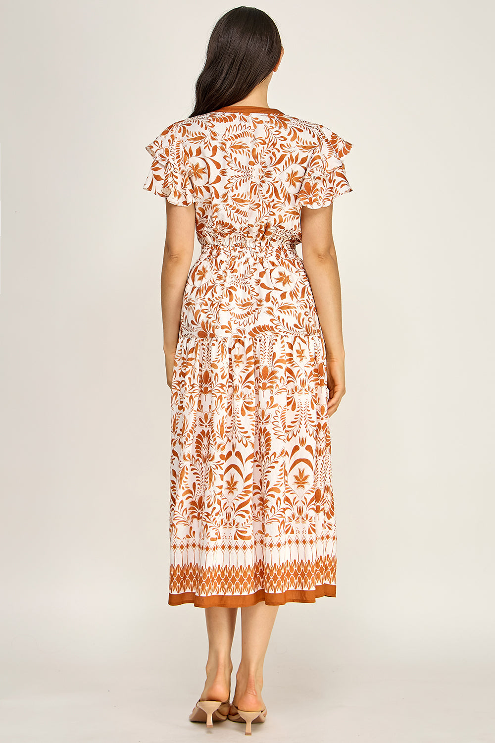 Flutter Sleeve Printed Midi Dress | V-Neck Elastic Waist Boho