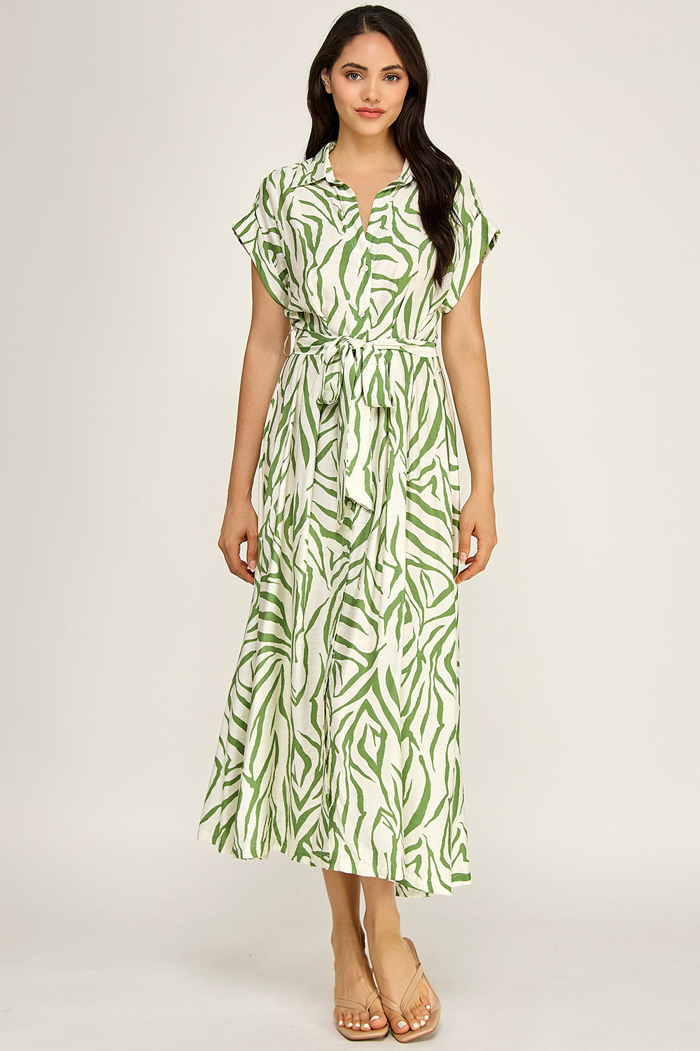 Printed Belted Shirt Midi Dress | Collared Button Front Flowy Woven