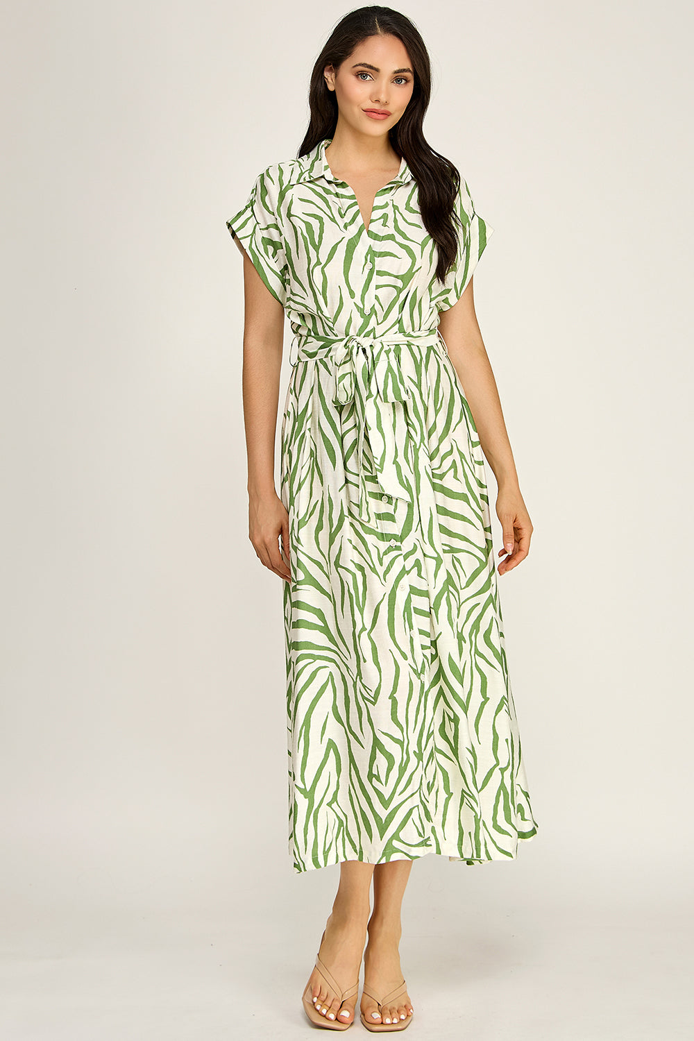 Printed Belted Shirt Midi Dress | Collared Button Front Flowy Woven