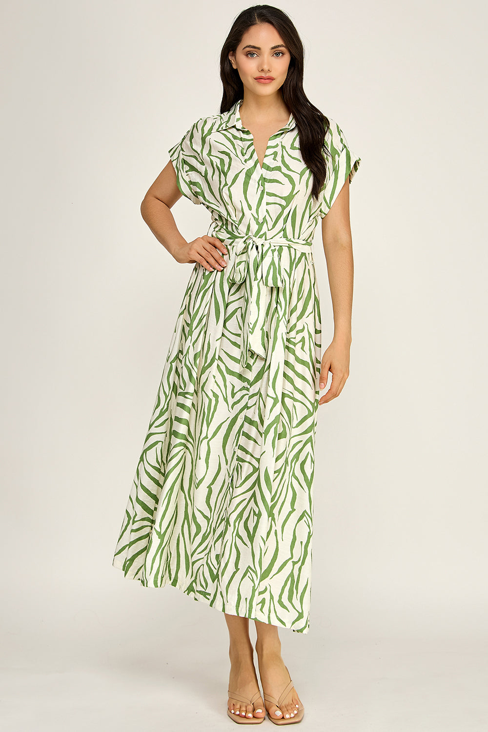 Printed Belted Shirt Midi Dress | Collared Button Front Flowy Woven