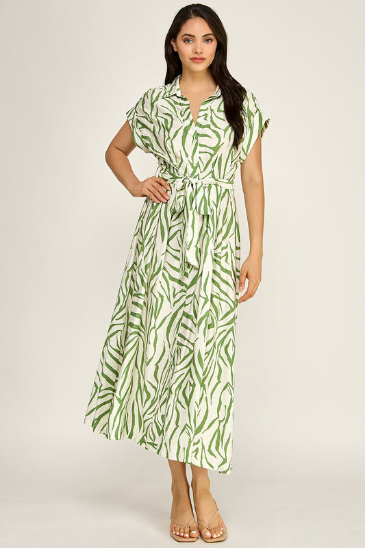 Printed Belted Shirt Midi Dress | Collared Button Front Flowy Woven