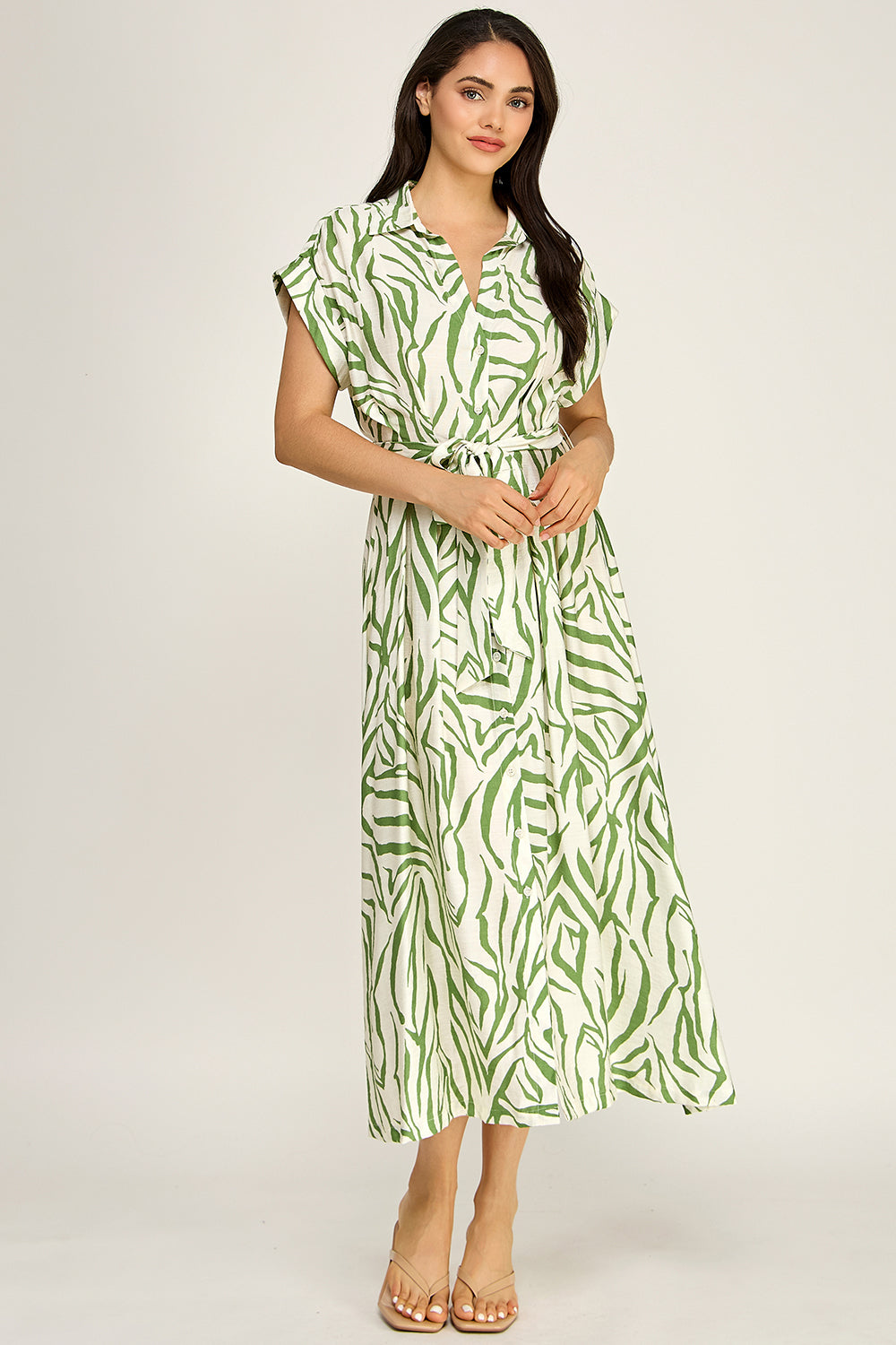 Printed Belted Shirt Midi Dress | Collared Button Front Flowy Woven
