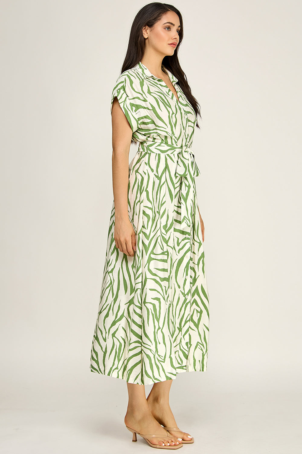 Printed Belted Shirt Midi Dress | Collared Button Front Flowy Woven