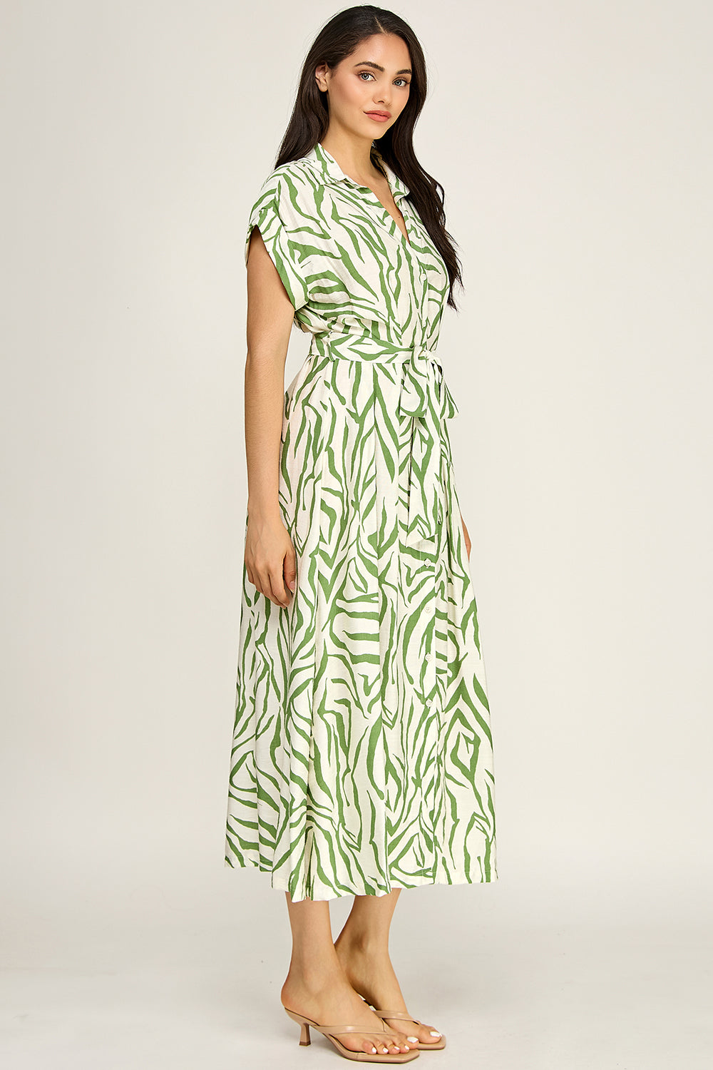 Printed Belted Shirt Midi Dress | Collared Button Front Flowy Woven