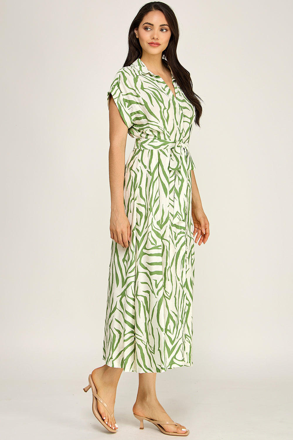 Printed Belted Shirt Midi Dress | Collared Button Front Flowy Woven
