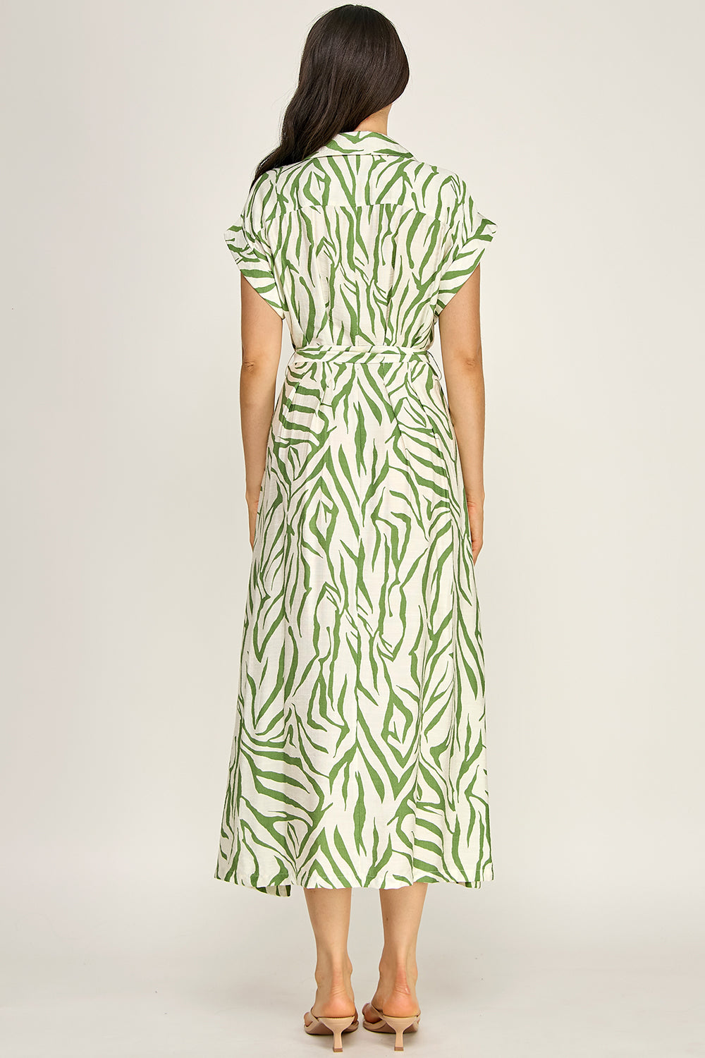 Printed Belted Shirt Midi Dress | Collared Button Front Flowy Woven