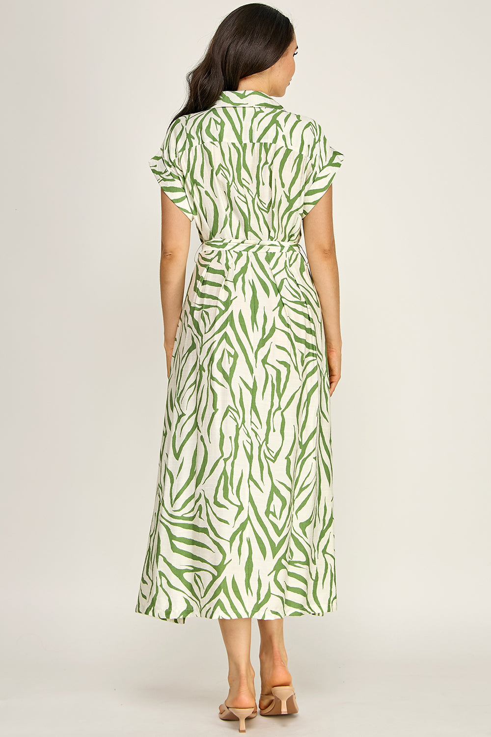 Printed Belted Shirt Midi Dress | Collared Button Front Flowy Woven