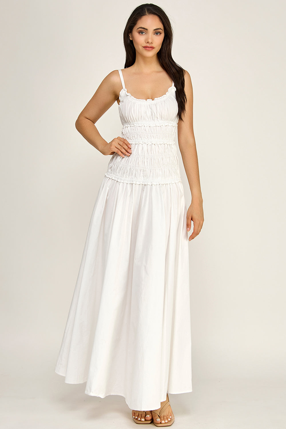 White Cotton Linen Cami Maxi Dress | Adjustable Strap Flowy Boutique