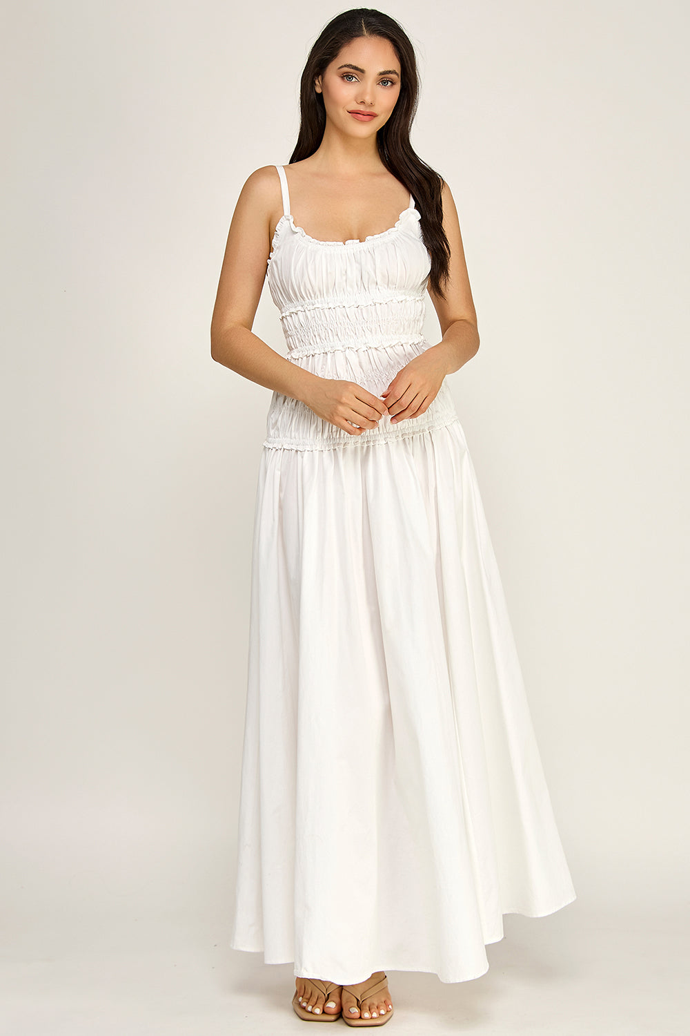 White Cotton Linen Cami Maxi Dress | Adjustable Strap Flowy Boutique