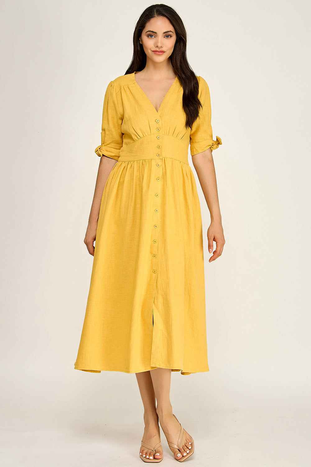 Linen Puff Sleeve Maxi Dress | Button Front V-Neck Tie Cuff