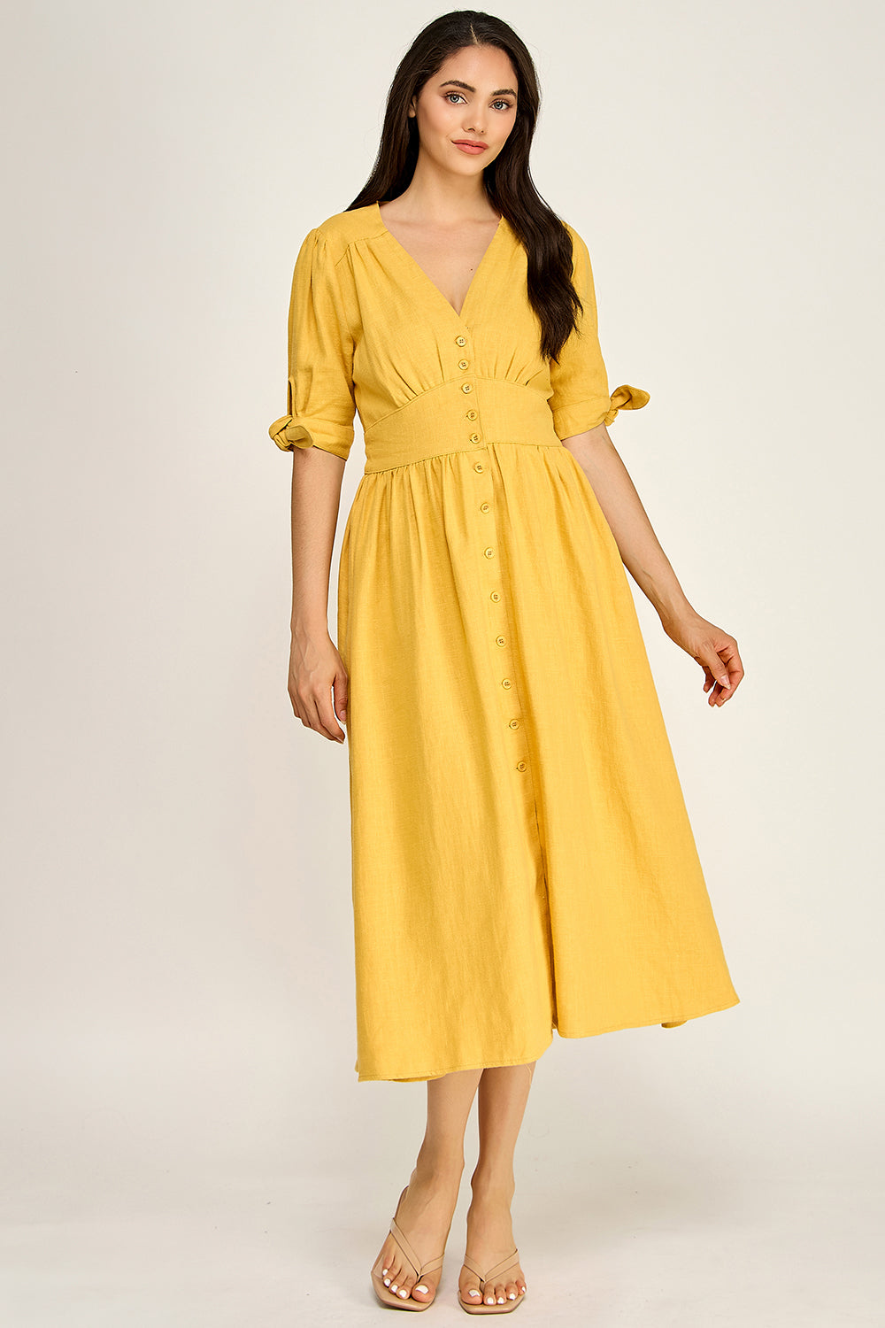 Linen Puff Sleeve Maxi Dress | Button Front V-Neck Tie Cuff