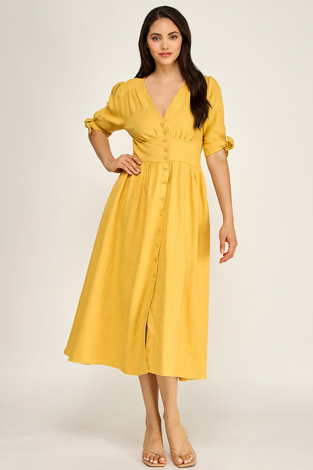 Linen Puff Sleeve Maxi Dress | Button Front V-Neck Tie Cuff