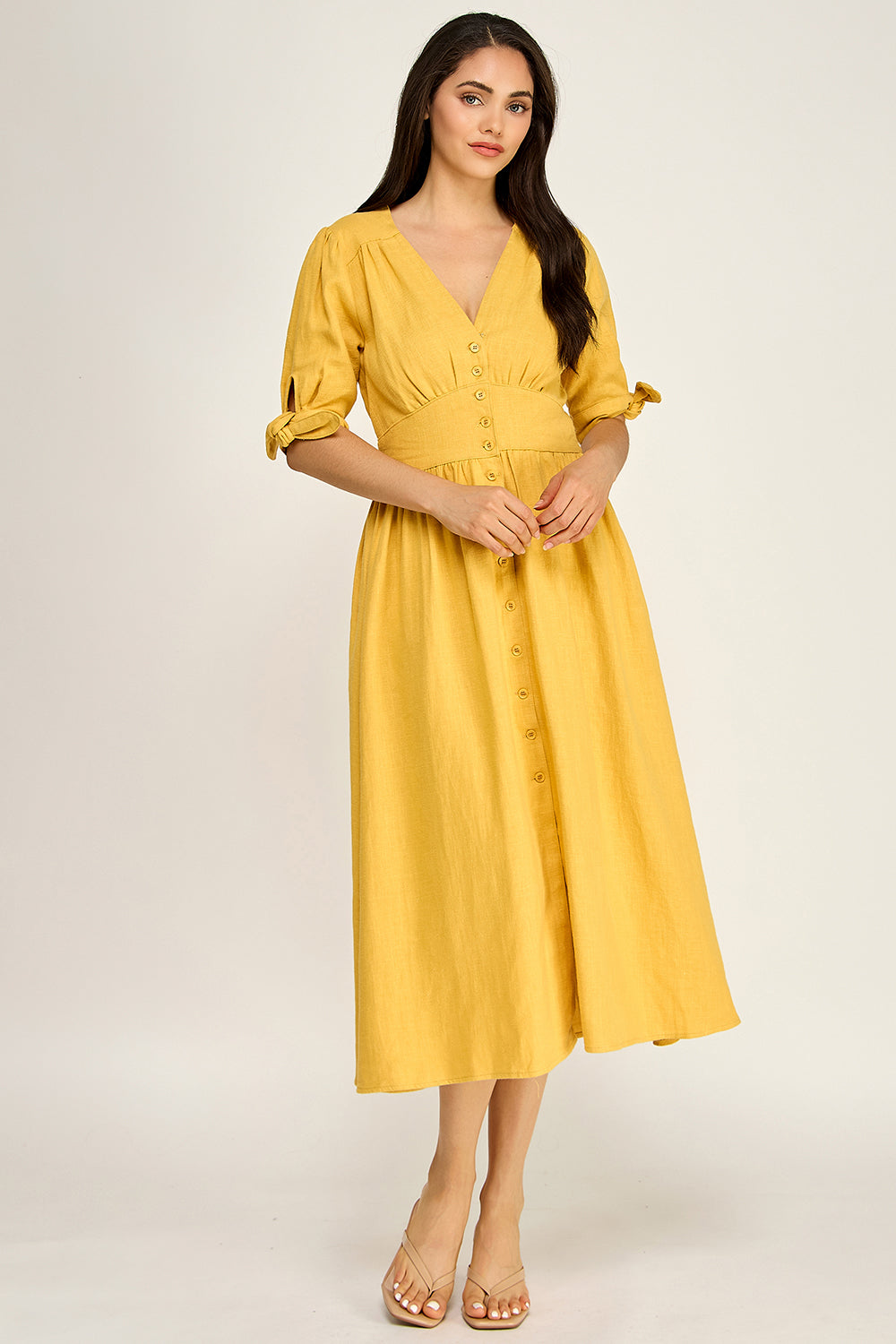 Linen Puff Sleeve Maxi Dress | Button Front V-Neck Tie Cuff