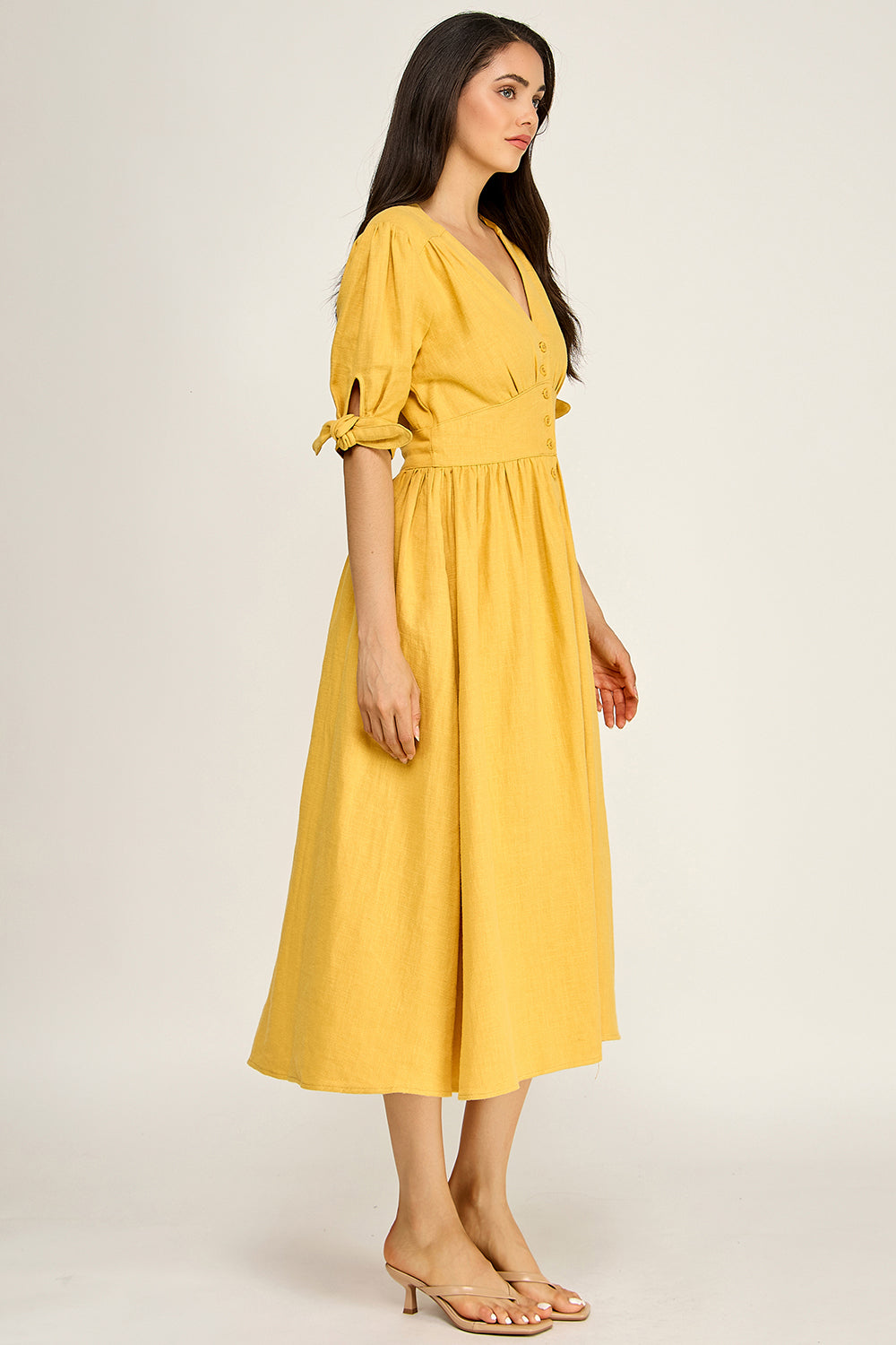 Linen Puff Sleeve Maxi Dress | Button Front V-Neck Tie Cuff