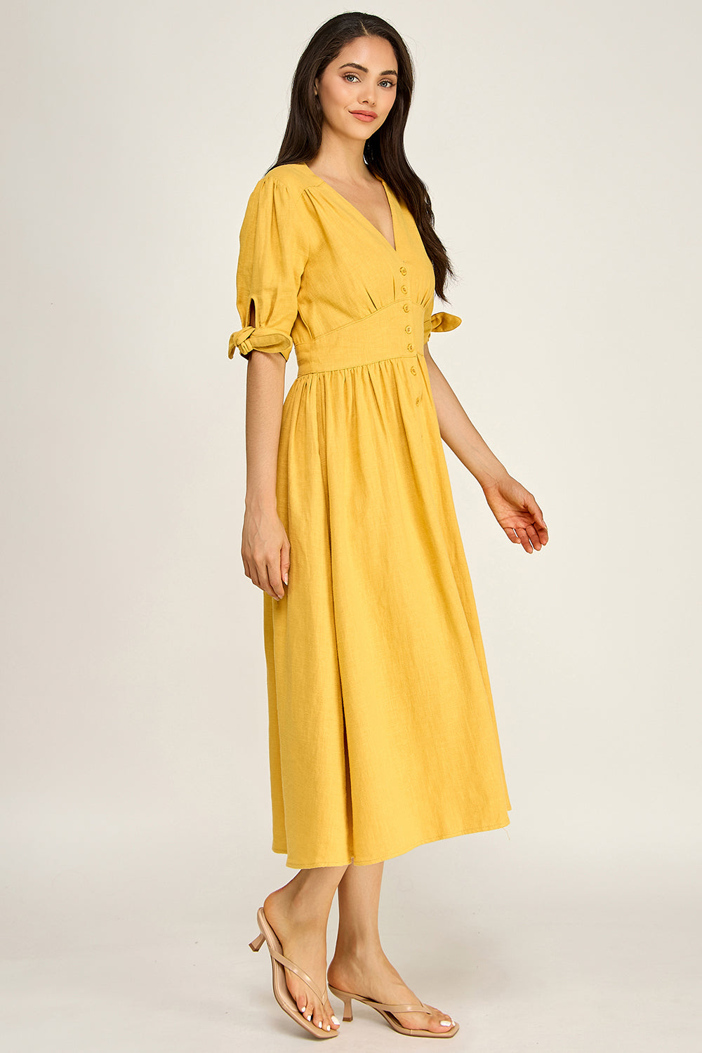 Linen Puff Sleeve Maxi Dress | Button Front V-Neck Tie Cuff