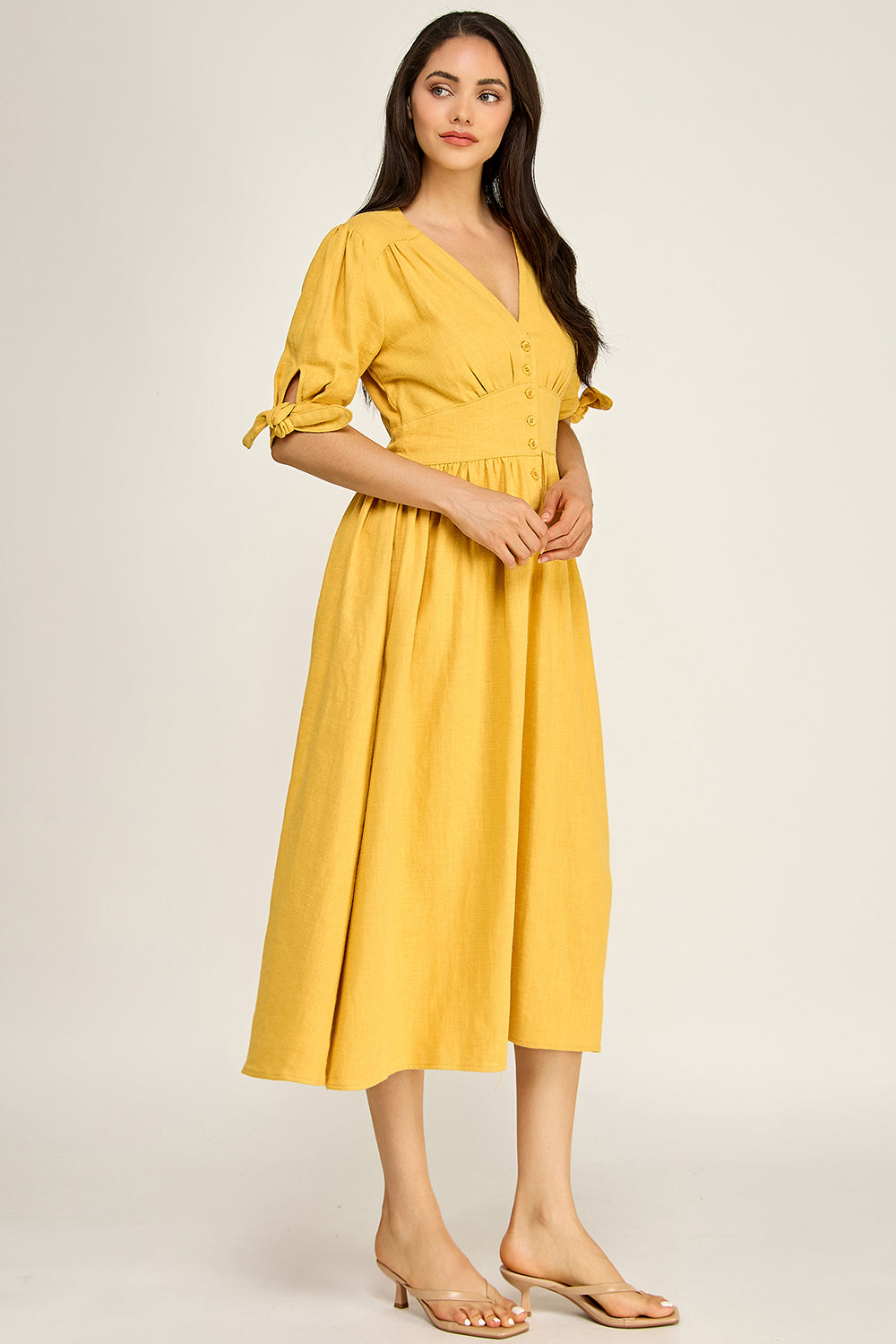 Linen Puff Sleeve Maxi Dress | Button Front V-Neck Tie Cuff