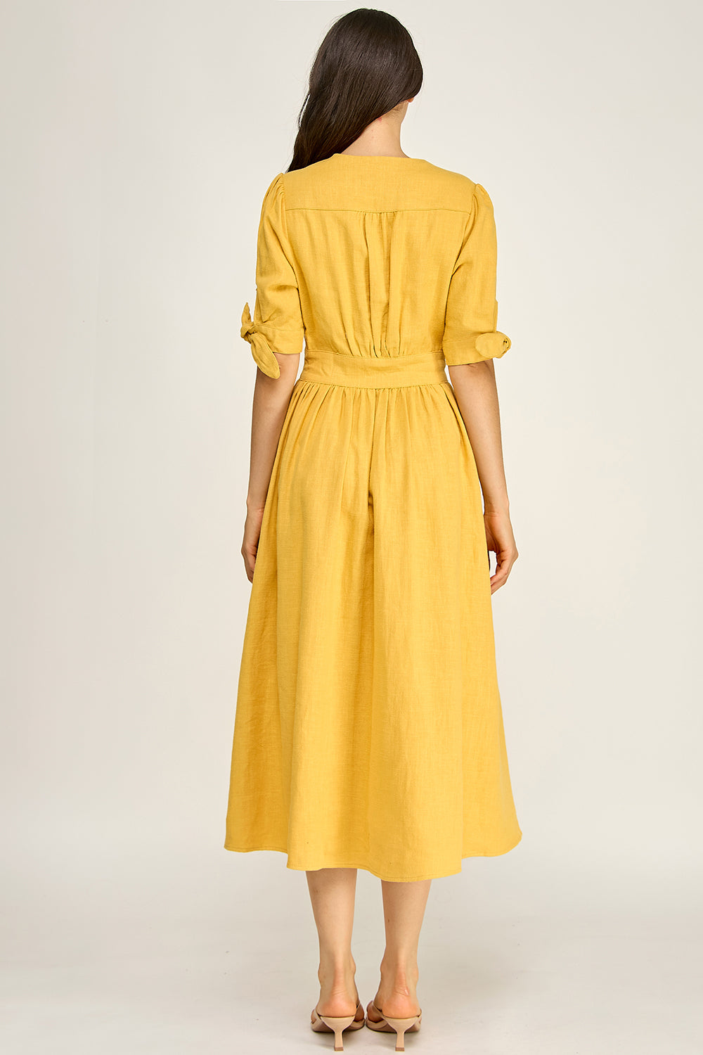 Linen Puff Sleeve Maxi Dress | Button Front V-Neck Tie Cuff