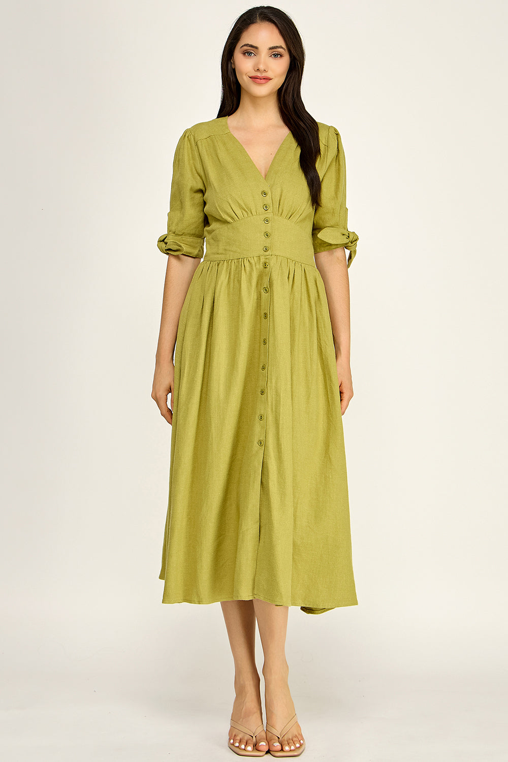 Linen Puff Sleeve Maxi Dress | Button Front V-Neck Tie Cuff