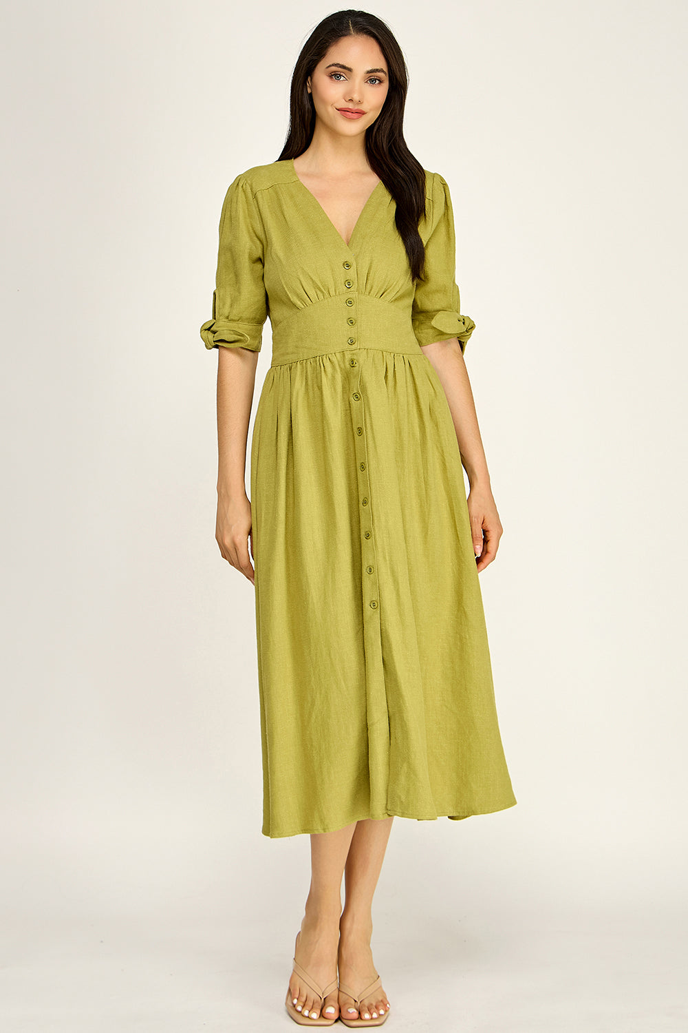 Linen Puff Sleeve Maxi Dress | Button Front V-Neck Tie Cuff