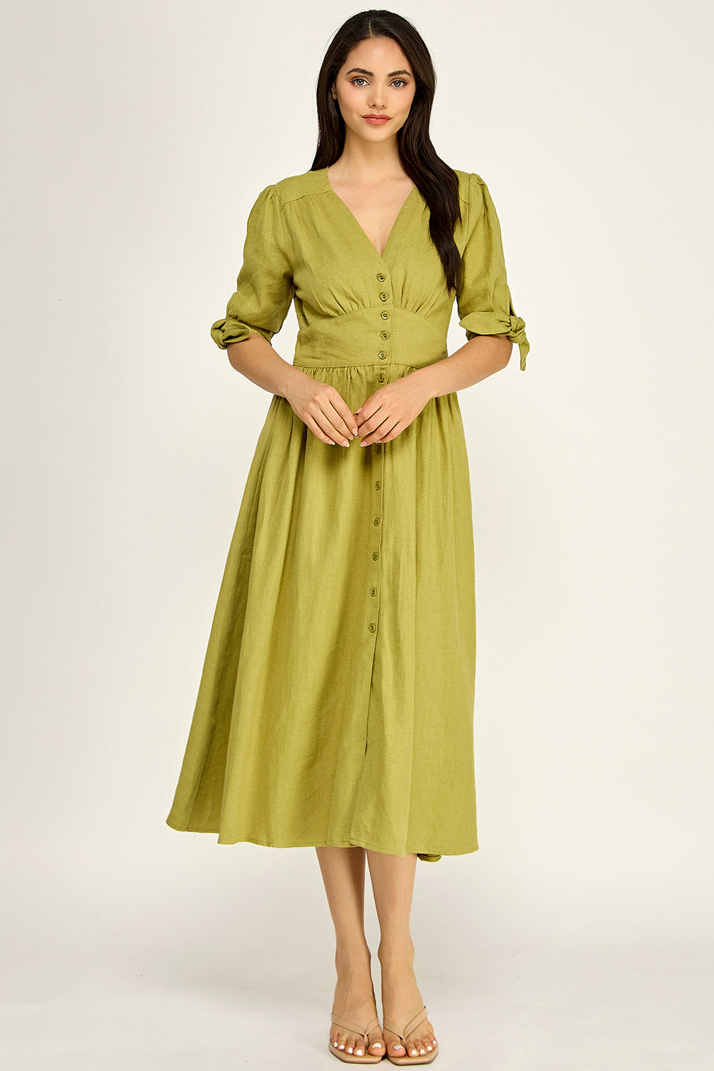 Linen Puff Sleeve Maxi Dress | Button Front V-Neck Tie Cuff