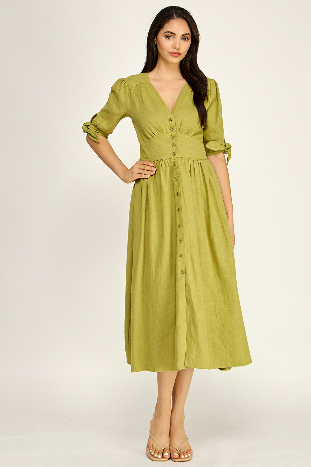 Linen Puff Sleeve Maxi Dress | Button Front V-Neck Tie Cuff
