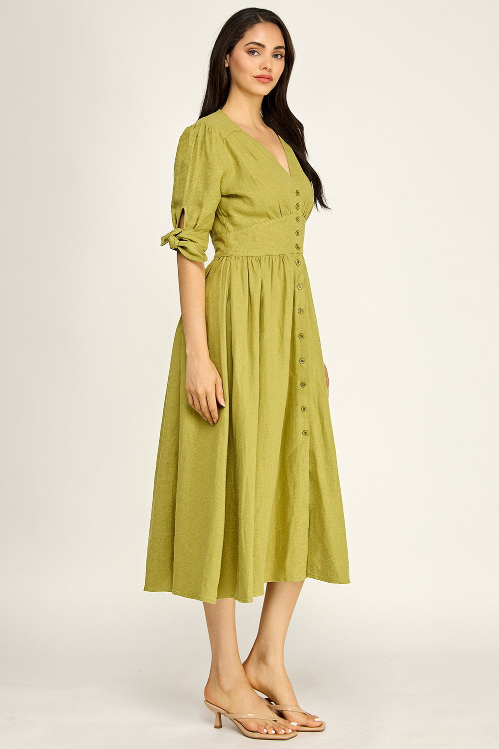 Linen Puff Sleeve Maxi Dress | Button Front V-Neck Tie Cuff