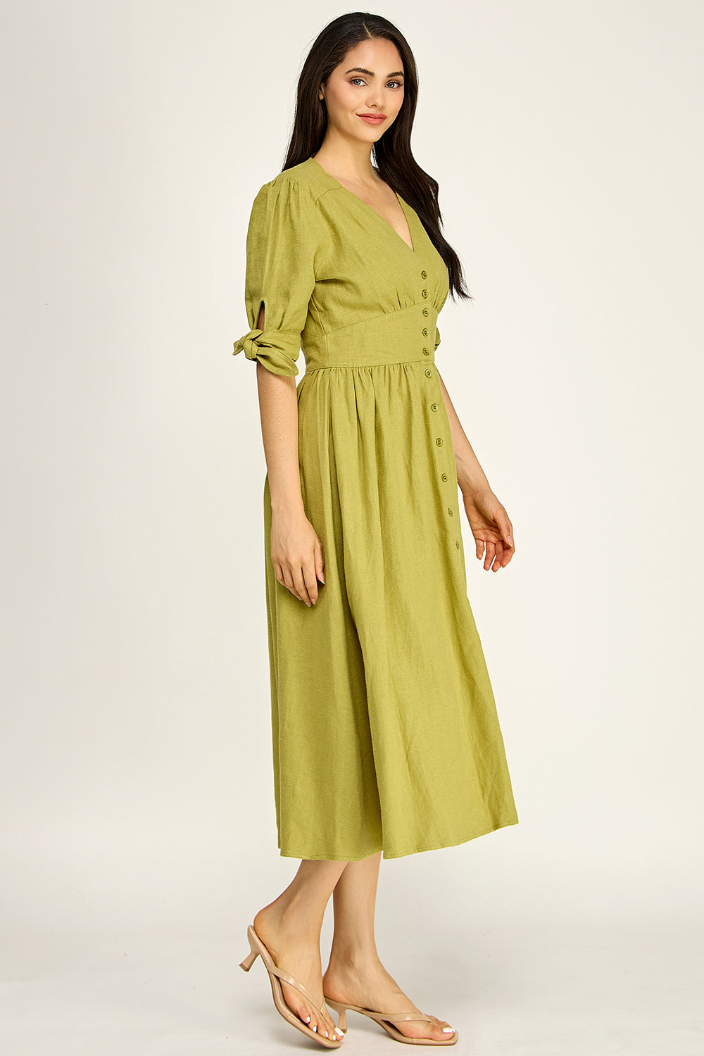 Linen Puff Sleeve Maxi Dress | Button Front V-Neck Tie Cuff