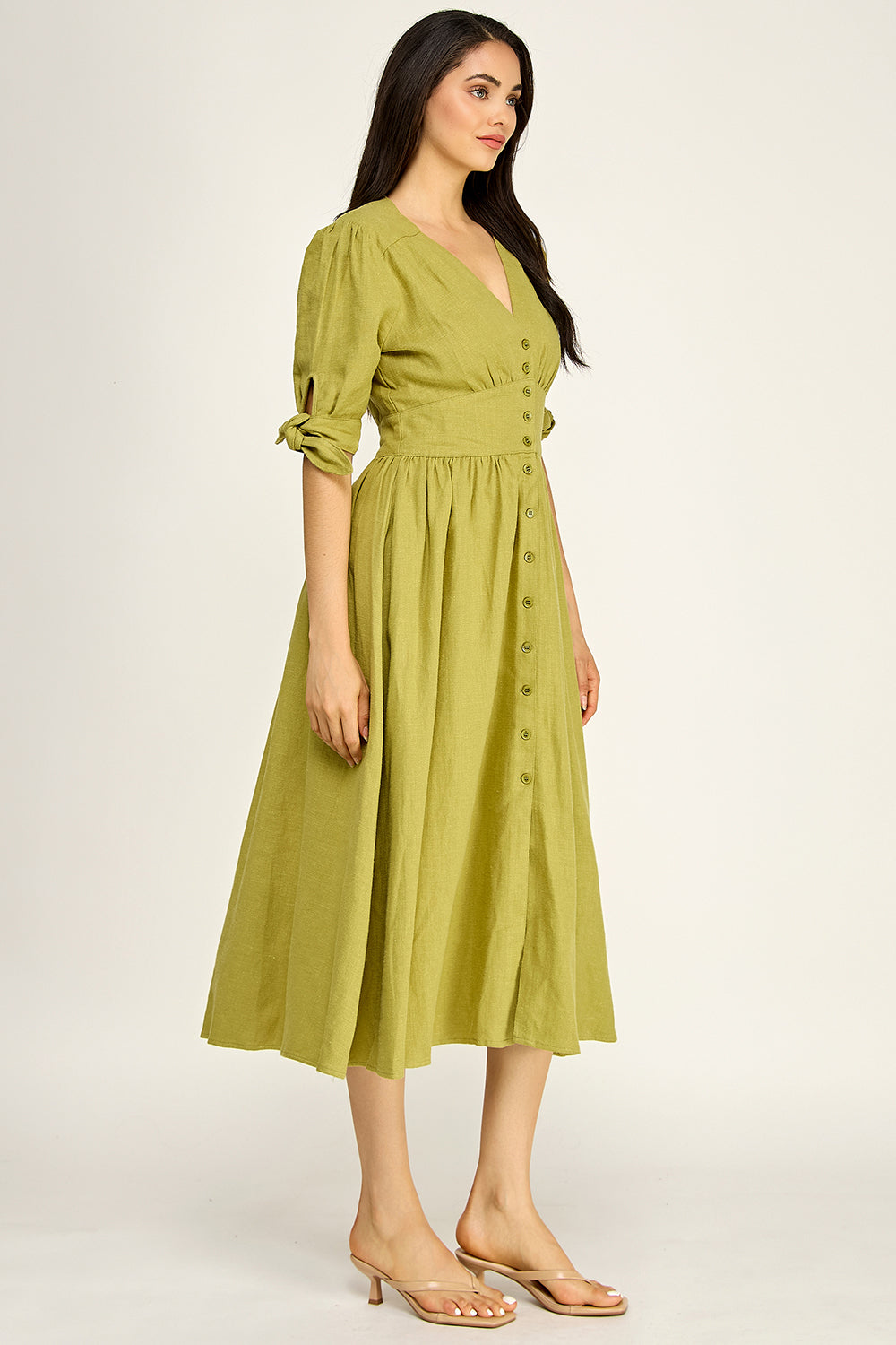 Linen Puff Sleeve Maxi Dress | Button Front V-Neck Tie Cuff