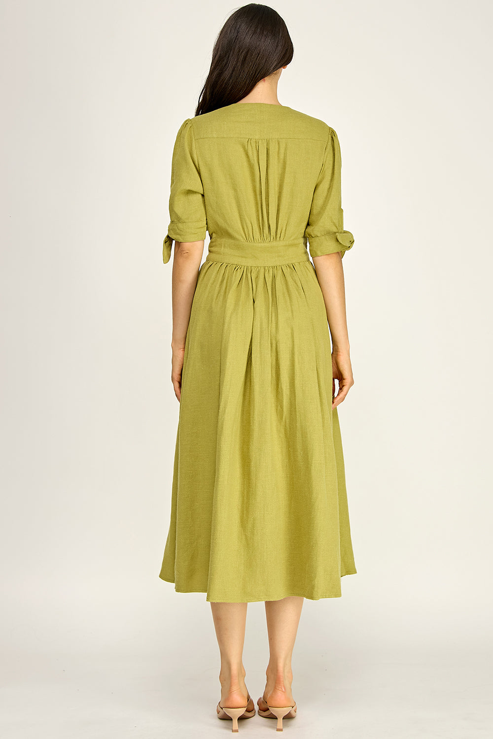 Linen Puff Sleeve Maxi Dress | Button Front V-Neck Tie Cuff