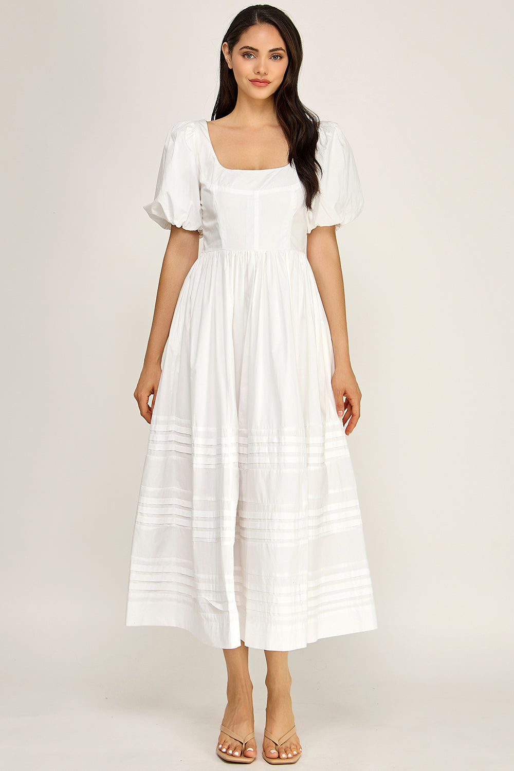 Cotton Poplin Puff Sleeve Midi Dress | Square Neck Pintuck Boutique