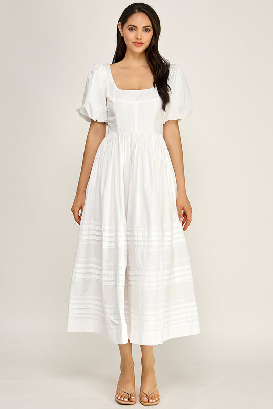 Cotton Poplin Puff Sleeve Midi Dress | Square Neck Pintuck Boutique
