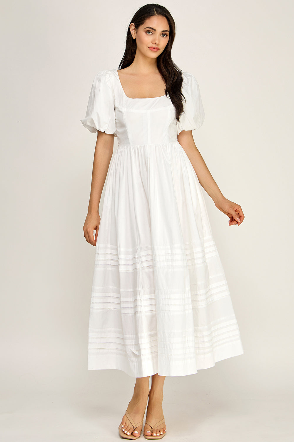 Cotton Poplin Puff Sleeve Midi Dress | Square Neck Pintuck Boutique