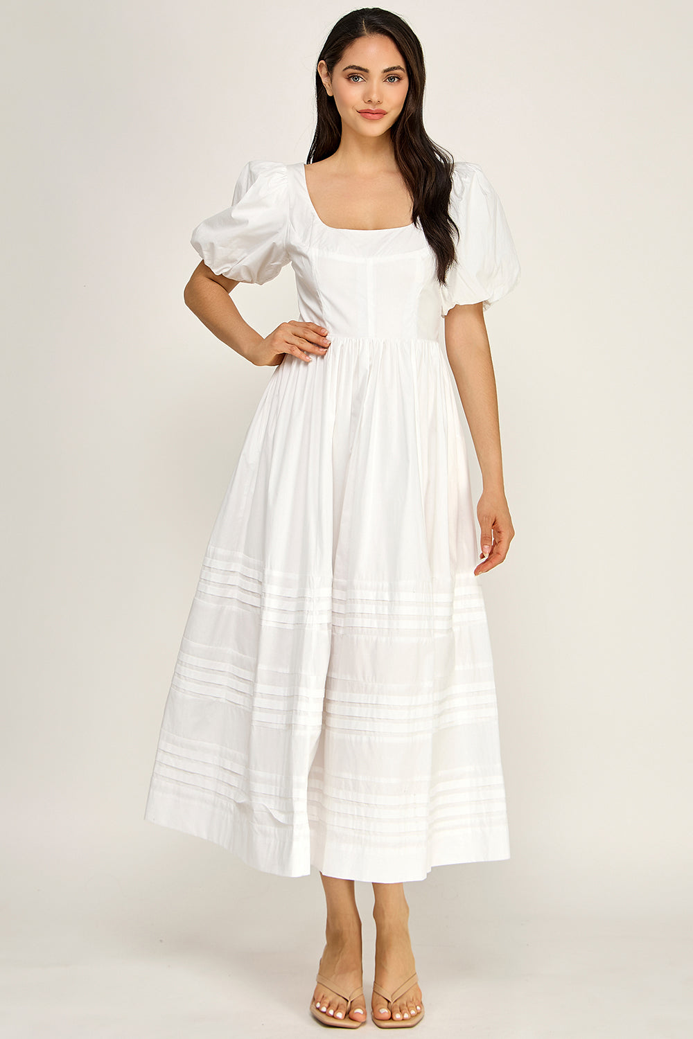 Cotton Poplin Puff Sleeve Midi Dress | Square Neck Pintuck Boutique