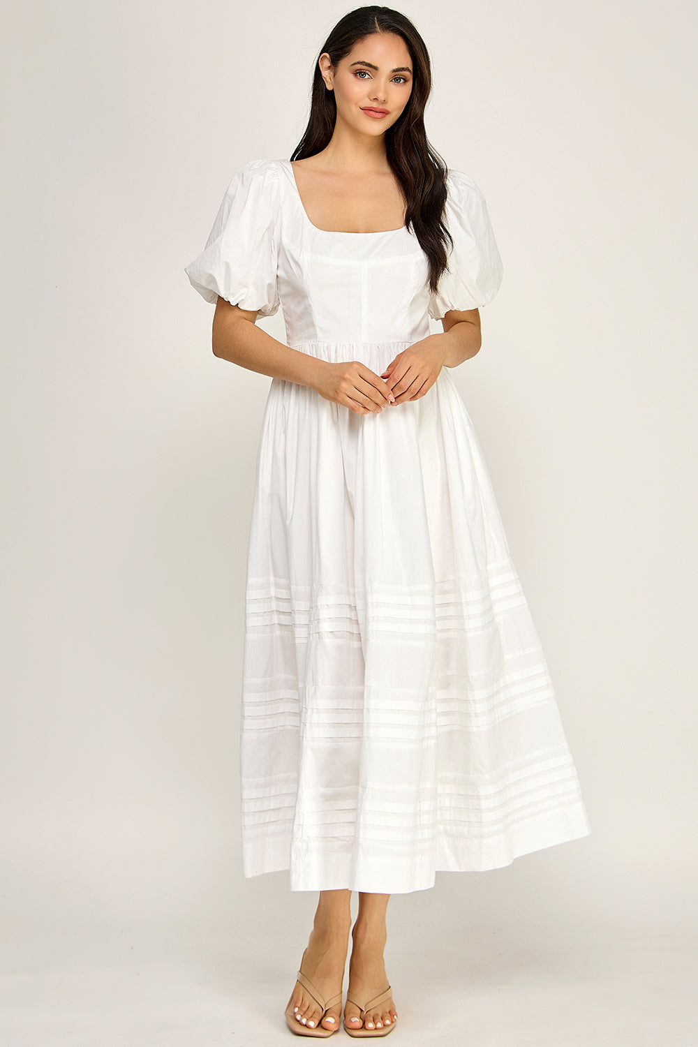 Cotton Poplin Puff Sleeve Midi Dress | Square Neck Pintuck Boutique