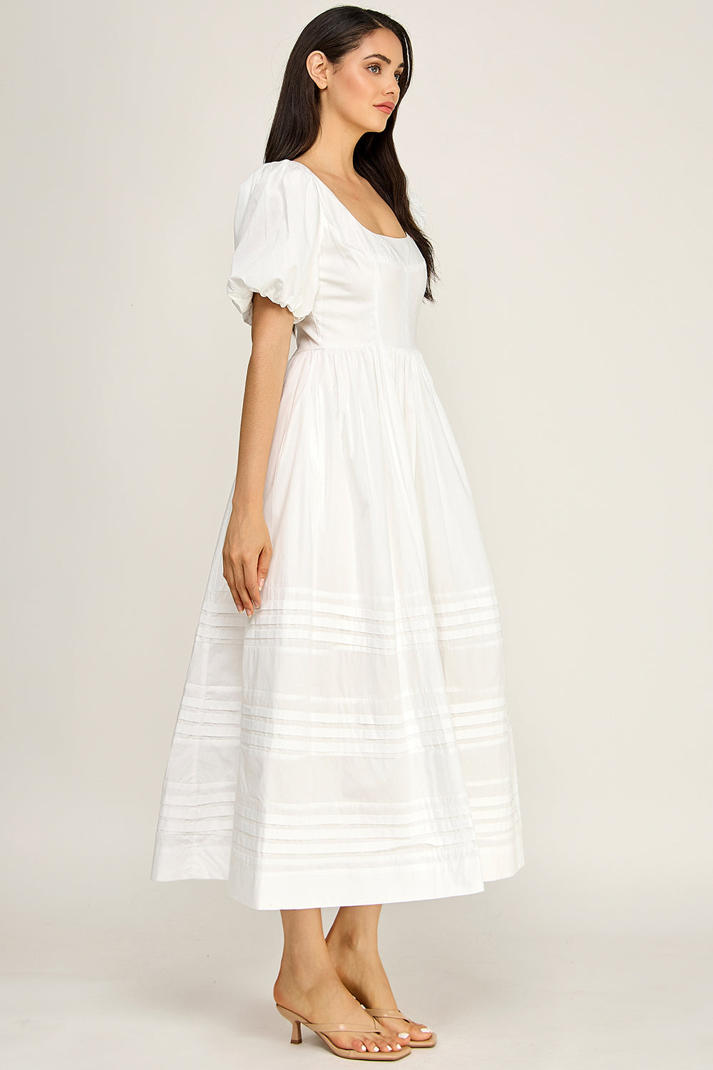 Cotton Poplin Puff Sleeve Midi Dress | Square Neck Pintuck Boutique