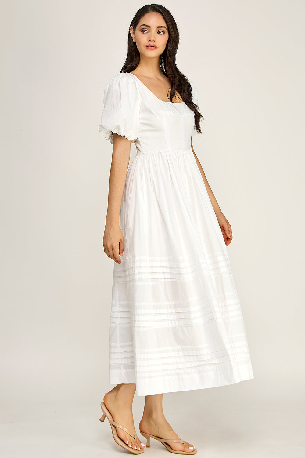 Cotton Poplin Puff Sleeve Midi Dress | Square Neck Pintuck Boutique