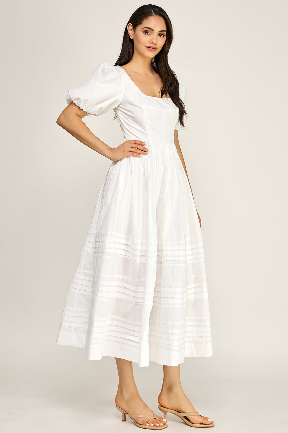 Cotton Poplin Puff Sleeve Midi Dress | Square Neck Pintuck Boutique