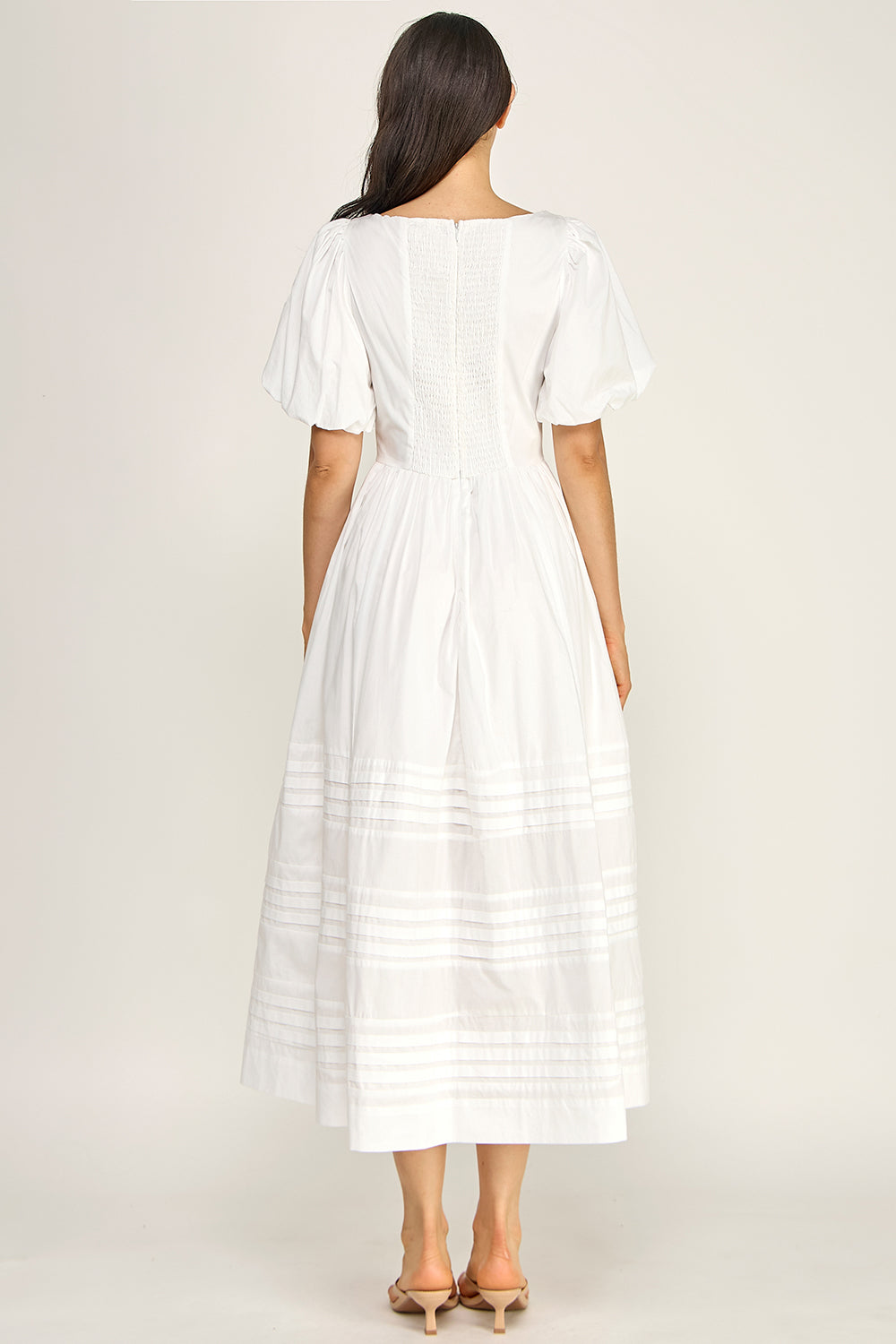 Cotton Poplin Puff Sleeve Midi Dress | Square Neck Pintuck Boutique