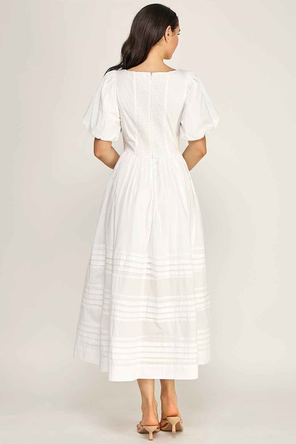 Cotton Poplin Puff Sleeve Midi Dress | Square Neck Pintuck Boutique