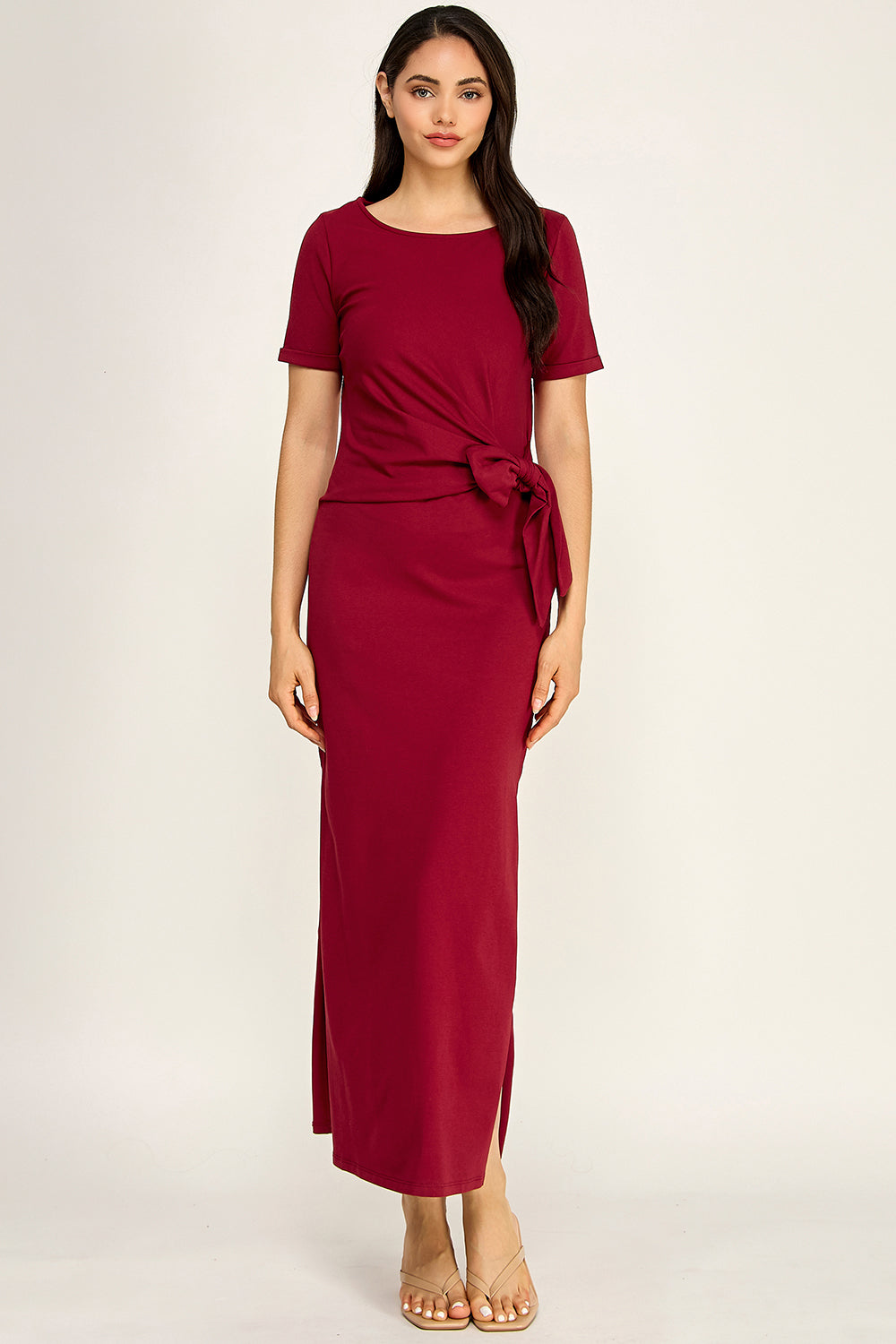 Modal Tie Waist Maxi Dress | Round Neck Short Sleeve Side Slit