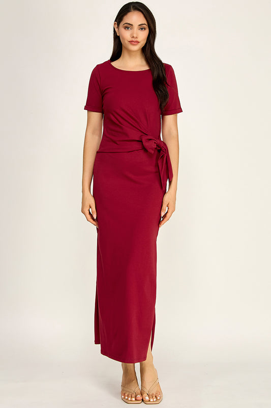 Modal Tie Waist Maxi Dress | Round Neck Short Sleeve Side Slit